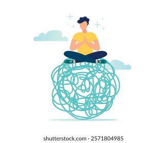 Vector illustration, Stress management, meditation to reduce anxiety, control emotions while solving problems, the concept of work: meditation on chaos and disorder charges with positive energy