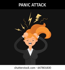 Vector illustration. Stress. Panic attack. Screaming girl. Flat character.