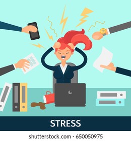 Vector illustration. Stress at work. An angry screaming girl. Flat character.