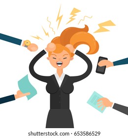 Vector illustration. Stress at work. An angry screaming girl. Flat character.