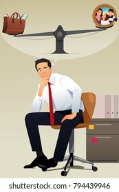 A vector illustration of Stressed Businessman Choosing Between Career and Family