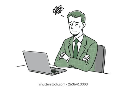 Vector illustration of a stressed businessman sitting in front of a laptop. Depicts confusion, anxiety, or technical problems. Suitable for themes like workplace stress, decision fatigue, business.