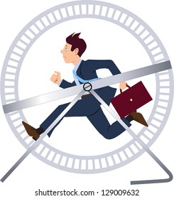 Vector illustration of a stressed businessman in a suit with a briefcase running in a hamster wheel