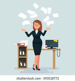 Vector illustration of stressed businesswoman throws in the air of office paper workplace on blue background. Concept of angry and exasperated employee