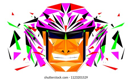 Vector illustration of a stressed face of a male athlete cyclist in a helmet and glasses from an abstract pattern overcomes a sports test, seeks victory with a grin of a compressed jaw vigorously