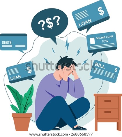 Vector illustration of a stressed man overwhelmed by debts, bills, and online loans, representing financial pressure, mental health problems, and anxiety due to money issues