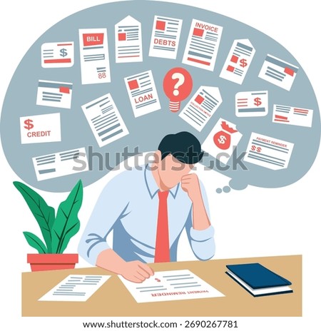Vector illustration of a stressed office worker overwhelmed by unpaid bills, loans, and credit debts, symbolizing financial pressure, anxiety, and mental health problems