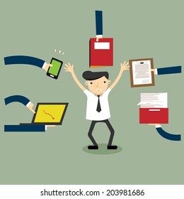 Vector illustration of a stressed out cartoon businessman screaming as unfinished paperwork and inquiries overwhelm him. 