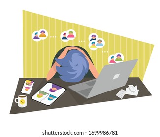 Vector Illustration of stressed school boy holding head during educational class. Notebook user overwhelmed with online lesson. quarantine homeschooling