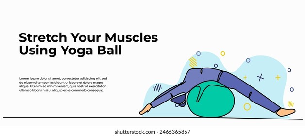 Vector illustration of stretch muscle using yoga ball. Modern flat in continuous line style.