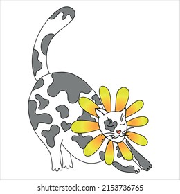 vector illustration, stretching cat in gray spots, in floral decoration, on a white background.