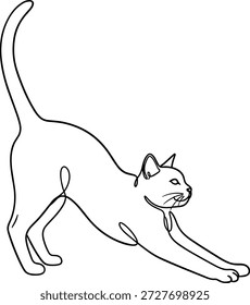 Ilustração vetorial do ícone de gato esticado com parte traseira arqueada, cauda elevada, estilo silhueta e elemento de design de movimento gracioso