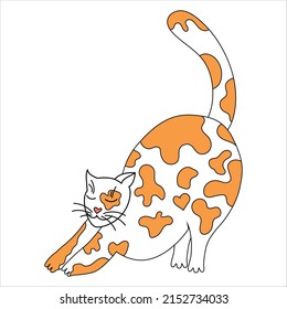 vector illustration, stretching cat in red spots, on a white background.