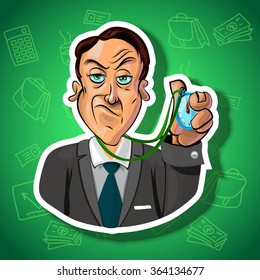 Vector illustration of strict businessman holding a timer in his hand. Gradient background with the office accessories.  Made in comic cartoon style.