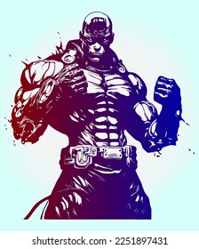 Vector illustration, strict coach bodybuilding and fitness, cyborg man