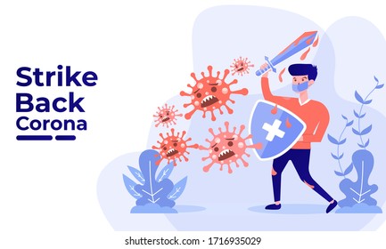 Vector illustration strike back corona covid-19. people fight virus concept. end of 2019-ncov. don't be afraid of the corona virus concept