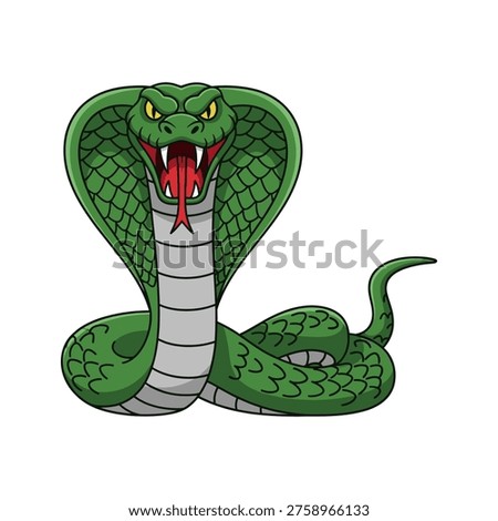 Vector illustration of a striking cobra with a bold, graphic style. Features vibrant green scales and a menacing expression, evoking themes of danger and power. Ideal for branding, editorial, or presentation graphics.