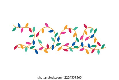 Vector illustration of a string of colorful holiday lights. Glowing lights for Xmas Holiday greeting card design. Garlands, Christmas party decorations. Numbers 2023 from garlands