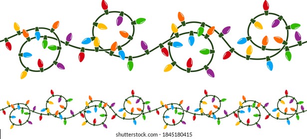 Vector illustration of a string of curly, looping colorful Christmas lights. String can be joined seamlessly end to end to make a longer, endless string.