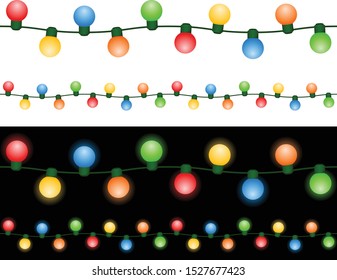 Vector illustration of a string of globe-shaped Christmas lights against a white and a black background; strings can be joined end to end to form continuous uninterrupted longer strings seamlessly.