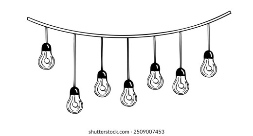 Ilustración vectorial de cadena de bombillas colgantes. Dibujo de la guirnalda de la lámpara para el diseño de la decoración del partido. Aguafuerte negro del festón eléctrico para la celebración. Brillantes hebras brillantes.