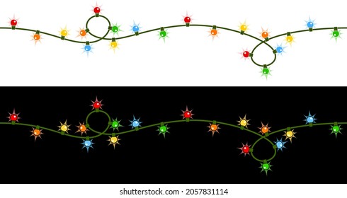 Vector illustration of a string of twisting Christmas lights with small round bulbs, against both a light and dark background. Strings can be joined seamlessly end to end to form longer strings.