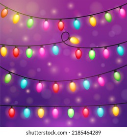 Ilustración vectorial de cuerdas de luces navideñas, con fondo claro y oscuro. Vector