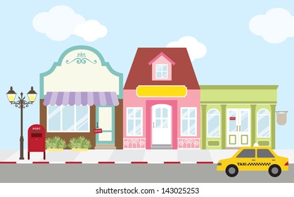 Vector illustration of strip mall shopping center. Each store is individually grouped and can be separated easily. No gradient used.