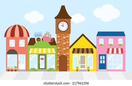 Vector Illustration Of Strip Mall Shopping Center.