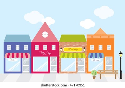 Vector illustration of strip mall shopping center. Each store is individually grouped. Window display can be easily edited if you want to add merchandise to display. No gradient used.