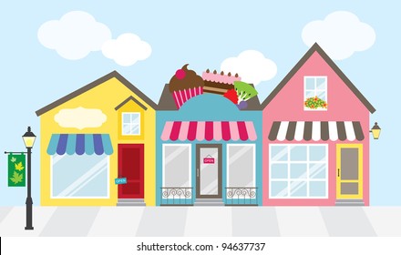 Vector illustration of strip mall shopping center. Each store is individually grouped and can be separated easily. No gradient used.