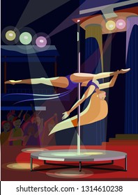 Vector illustration. Strip pole dancer on exciting performance in night club. Young flexible woman is dancing perfect split on tablet.  Night show for adults with active viewers.