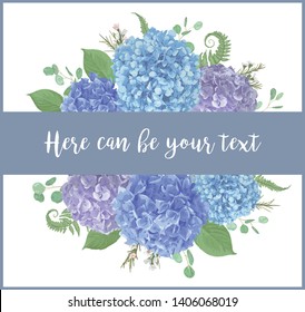 Vector illustration of strip square frame.leaves, branches eucalyptus, gaultheria, salal, chamaelaucium, fern.Blue, purple, of flowers hydrangea.Template for wedding invitations, cards, banners, certi
