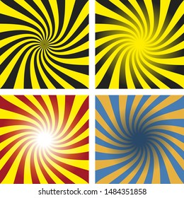 Vector illustration. Stripe rays swirl backgrounds in several colors.