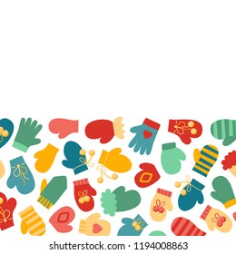 Vector illustration: stripe of winter hand clothes: gloves and mittens in a lower part isolated on white background. Decorative elements for Christmas greeting cards, holiday decor and wrapping paper
