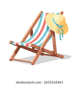 Vector illustration of a striped beach chair with a wide-brimmed yellow summer hat featuring a blue ribbon.