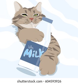 Vector illustration of the striped beige cat with bottle of milk.