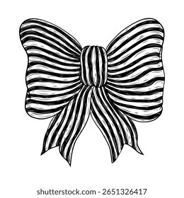 Vector illustration of a striped bow. Hand drawn vector graphics, black and white striped bow. Design and decoration, style and fashion. Detailed vector drawing, ink.