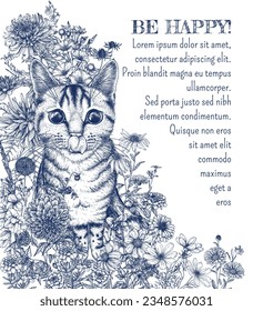 Vector illustration of a striped cat among autumn flowers. Dahlia, cosmos, zinnia, marigold, calendula, rudbeckia, gladiolus, datura, eryngium, allium, chrysanthemum, lobelia in engraving style