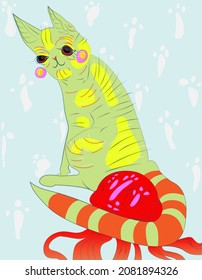 Vector illustration of a striped cat with a ball of yarn for a postcard