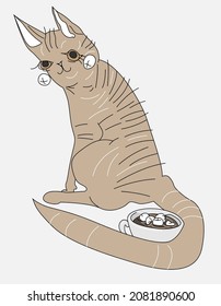 Vektorgrafik einer gestreiften Katze mit einer Tasse Kaffee mit Marshmallow