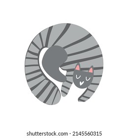 vector illustration of a striped cat sleeping. The cute animal curled up and sleeps. flat style illustration