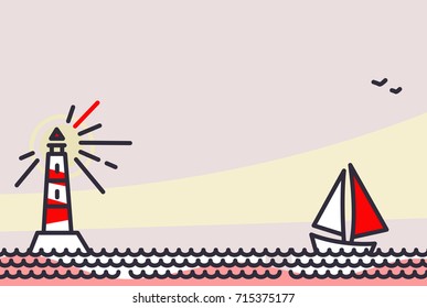 Vector illustration of a striped lighthouse and a sailboat. Line vector illustration for background, flat greeting card, poster print.