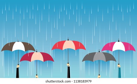 Vector illustration of striped opened umbrella icon with heavy fall rain in the blue sky. Care and weather protection