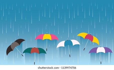 Vector illustration of striped opened umbrella icon with heavy fall rain in the blue sky. Care and weather protection