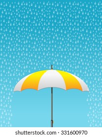Vector illustration of striped opened umbrella icon with heavy fall rain in the blue sky. Care and weather protection