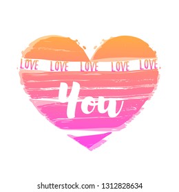 Vector illustration with striped pink and orange hand drawn heart with text Love You isolated on the white background.