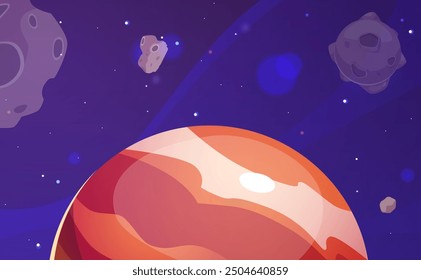 Vector illustration with a striped planet, meteorites with craters on a background of stars. The space scene is perfect for gameplay in a vibrant cartoon style