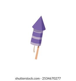 Ilustração vetorial de um foguete roxo de fogos de artifício listrado com um fusível. Equipamento para fogos de artifício festivos. Pirotecnia. Estilo de desenho animado plano em um fundo branco isolado. Ícone para design.