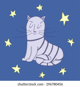 Vector illustration striped purple sitting cat with closed eyes isolated on blue background with yellow stars